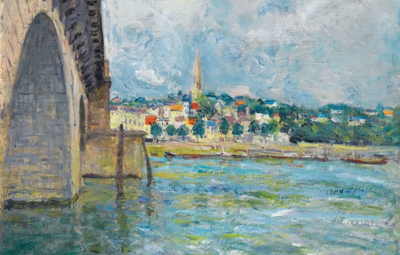 Фото обои небо, облака, мост, город, река, картина, Alfred Sisley