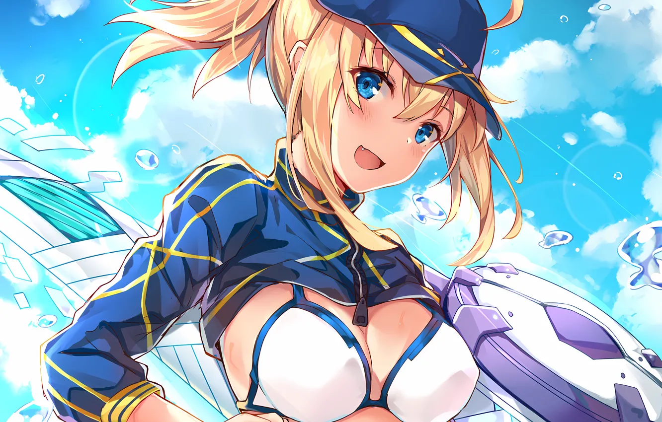 Фото обои girl, sexy, cleavage, sky, boobs, anime, water, blue eyes