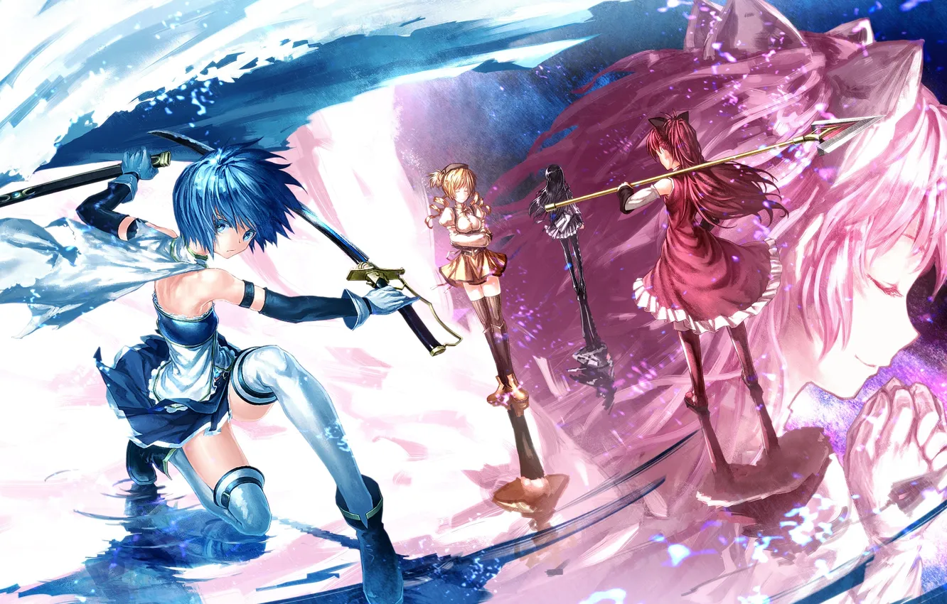 Фото обои оружие, девушки, аниме, арт, mahou shoujo madoka magica, akemi homura, kaname madoka, miki sayaka