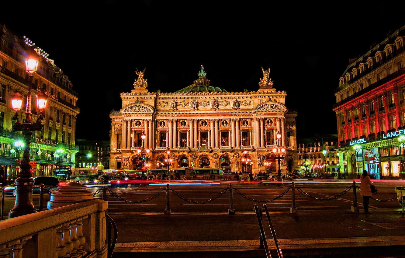 Фото обои ночь, огни, Франция, Париж, дома, театр, опера