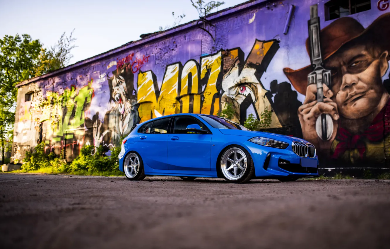 Фото обои BMW, Blue, Front, Graffiti, Left Side, BMW 1 Series, JR Wheels
