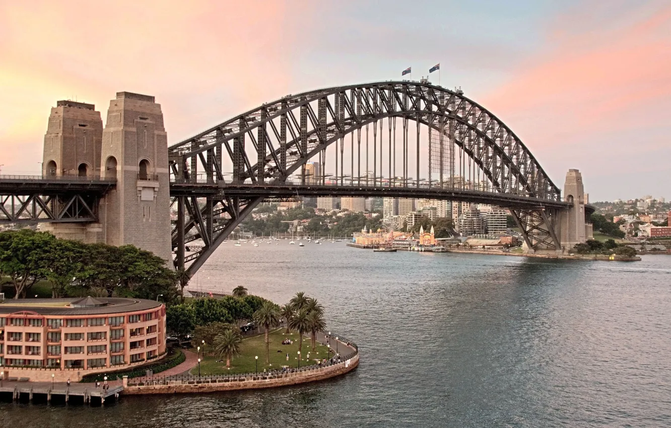 Фото обои закат, мост, город, Австралия, залив, Сидней, Australia, Sydney