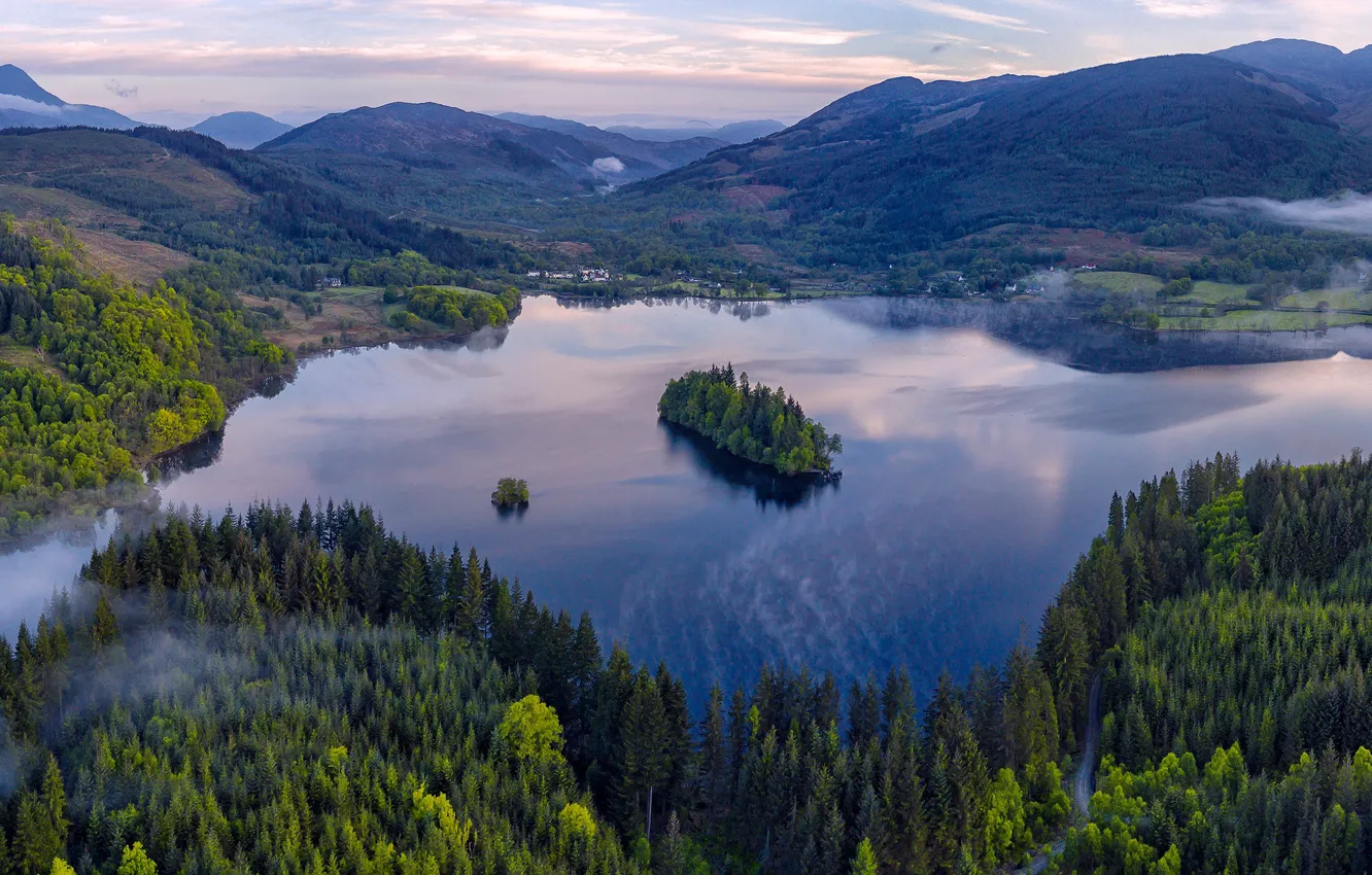 Фото обои лес, горы, озеро, Шотландия, панорама, Scotland, Грампианские горы, Loch Ard