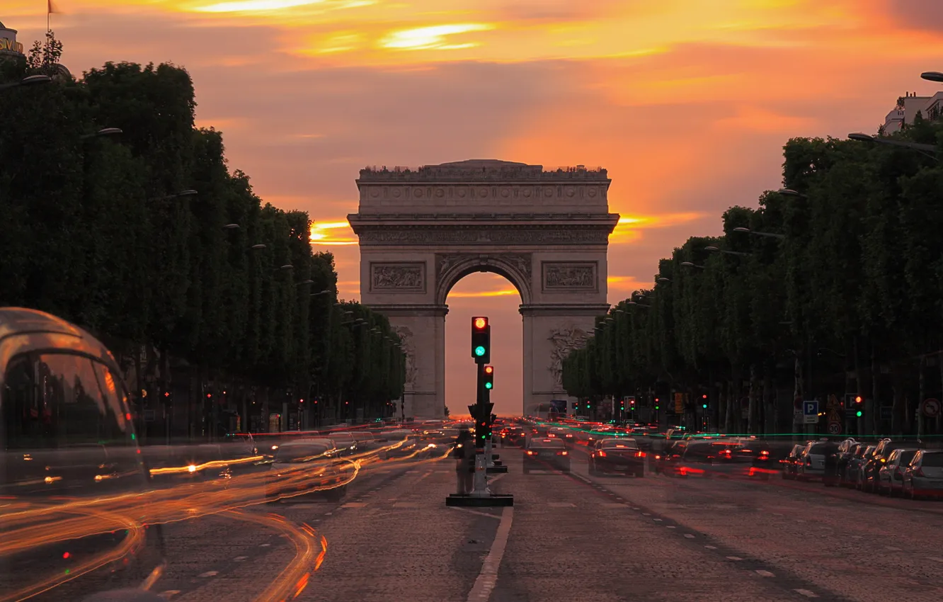 Фото обои огни, Париж, вечер, сумерки, Елисейские поля, Триумфальная арка