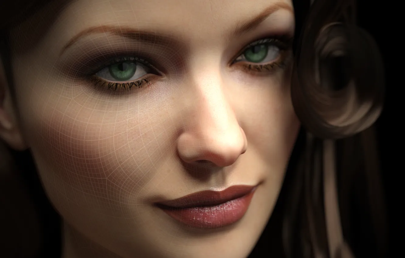 Фото обои взгляд, девушка, лицо, рендеринг, сетка, зеленые глаза