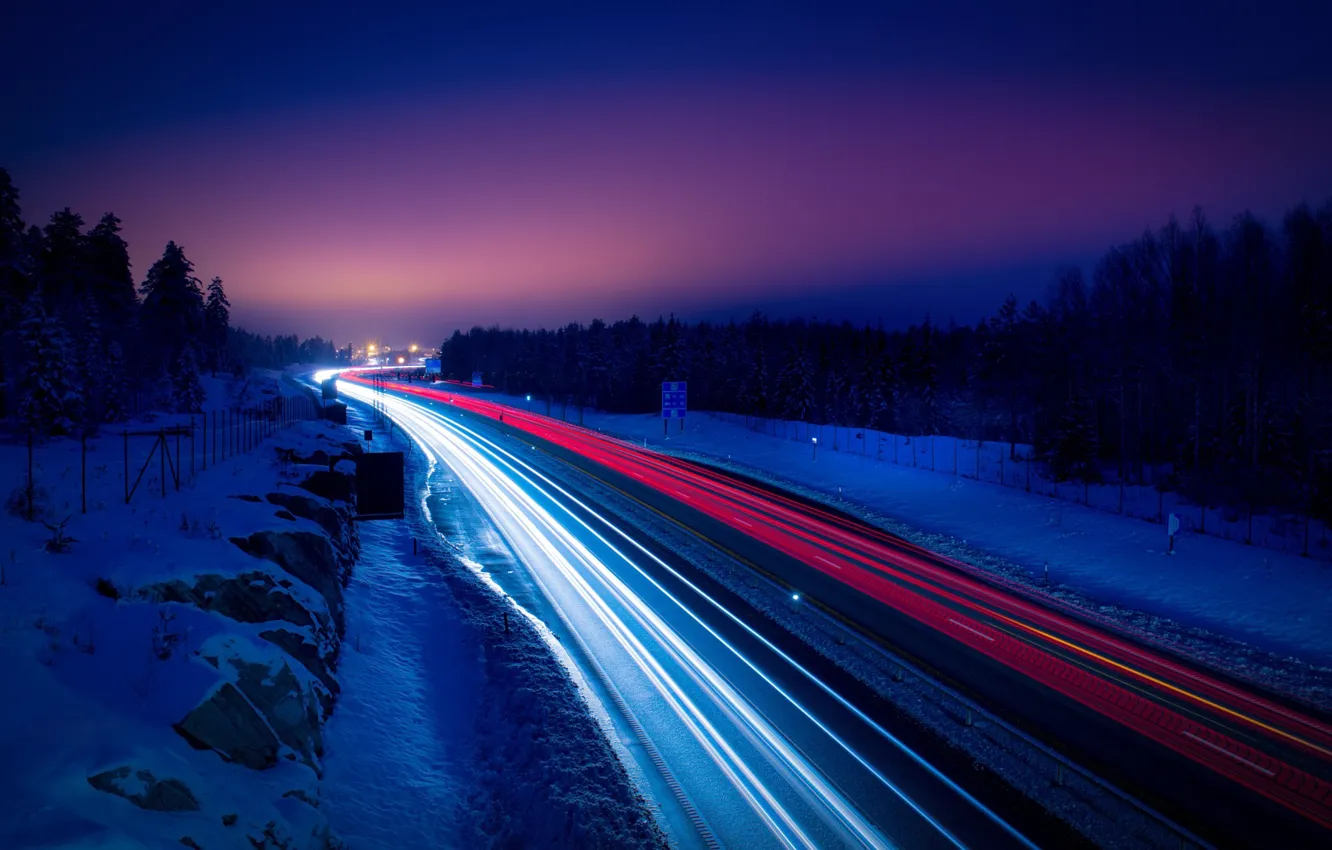 Фото обои зима, дорога, свет, снег, ночь, огни