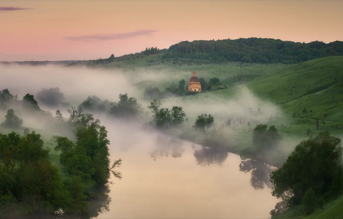 Фото обои пейзаж, природа, туман, река, холмы, утро, леса, Алексей Богорянов