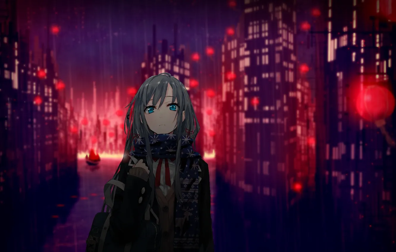 Фото обои девушка, город, огни, дождь, дома, аниме, шарф, арт
