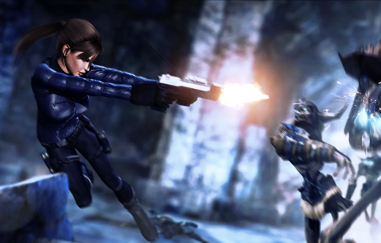 Фото обои пистолет, прыжок, Tomb Raider, Lara Croft