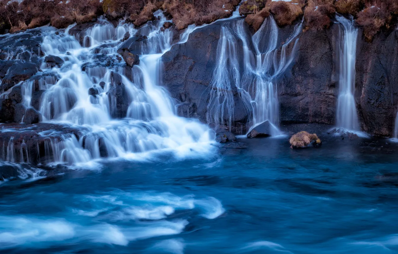 Фото обои вода, природа, озеро, река, скалы, водопад