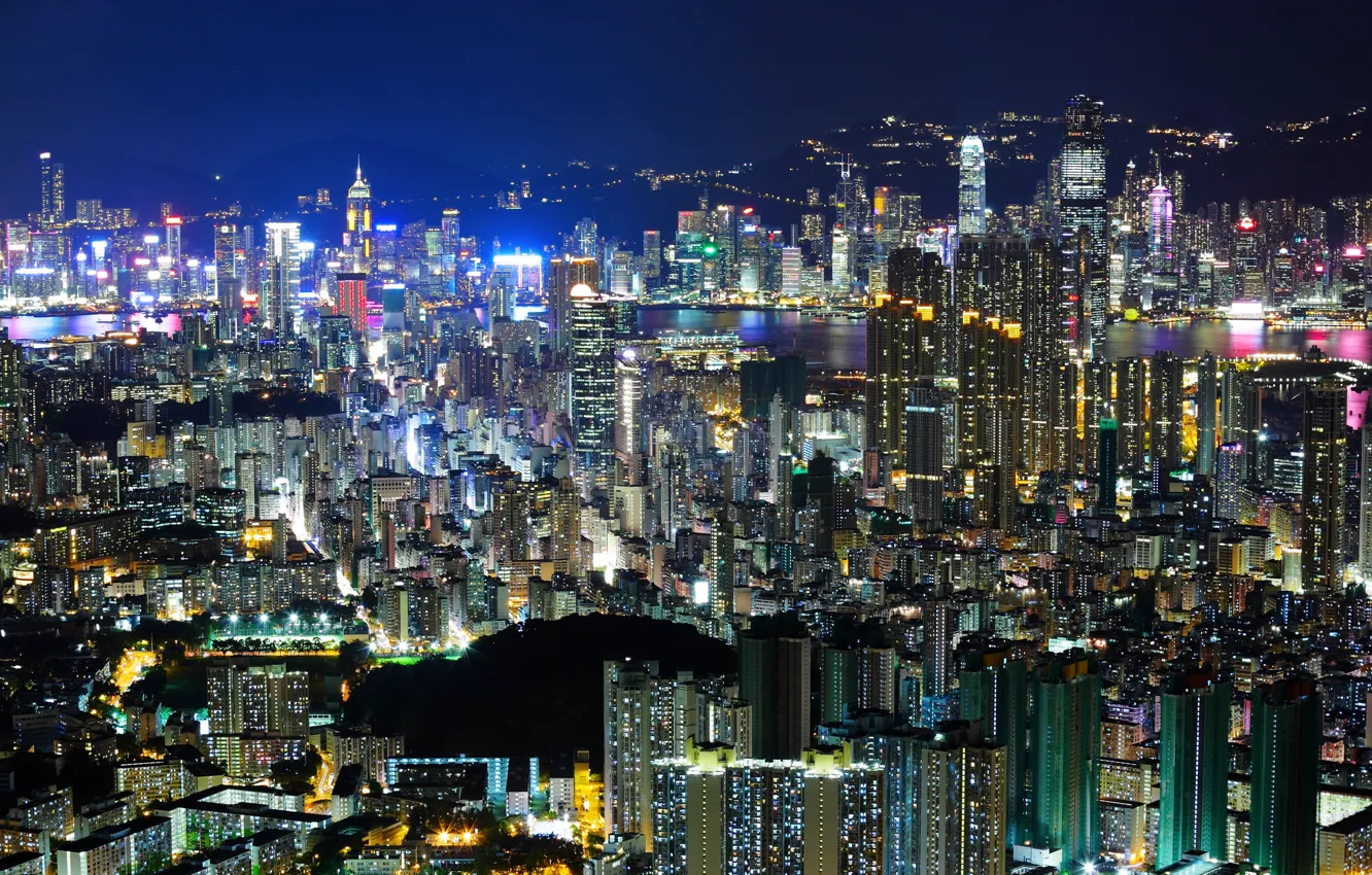 Фото обои свет, ночь, город, здания, дома, Гонконг, небоскребы, вечер