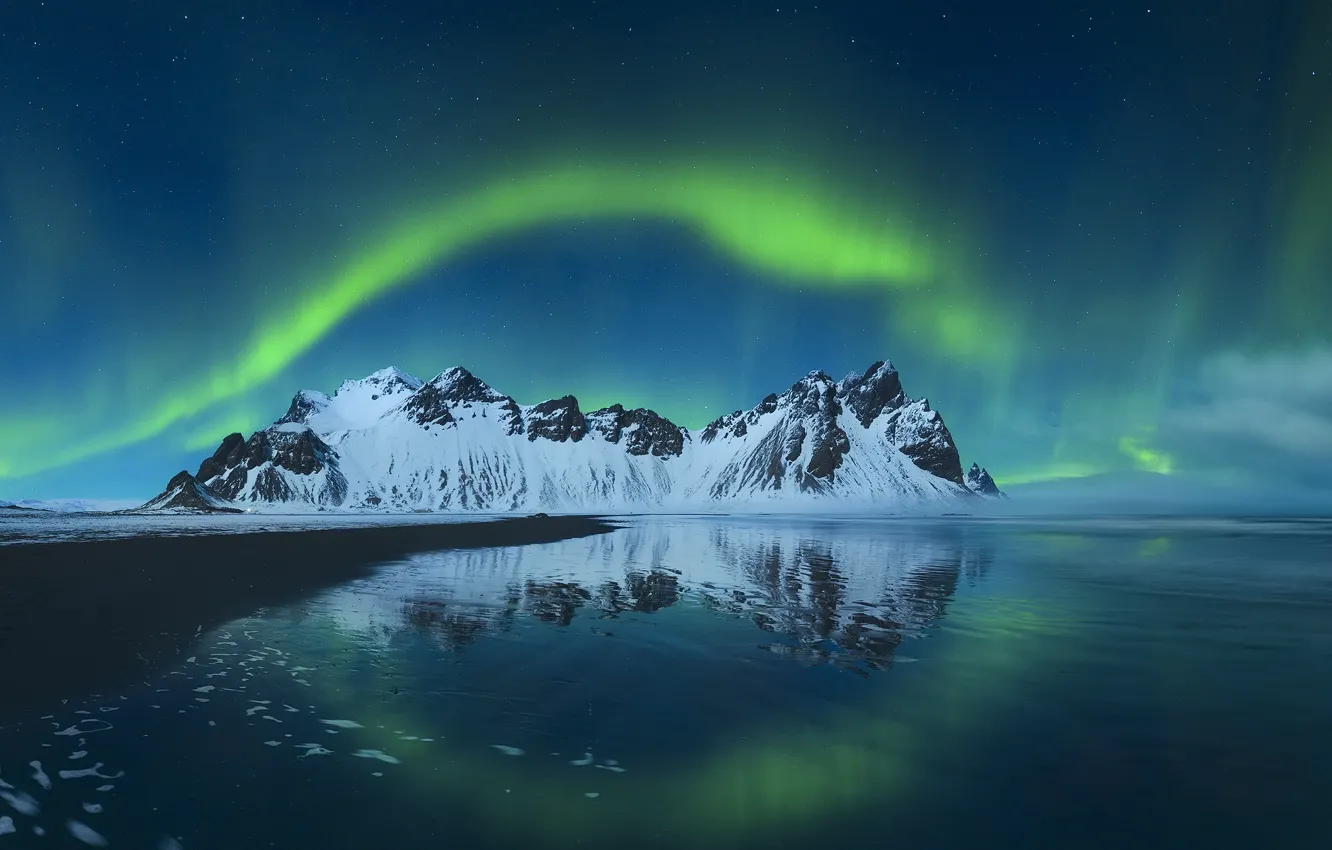 Фото обои горы, ночь, северное сияние, Исландия, Стокнес