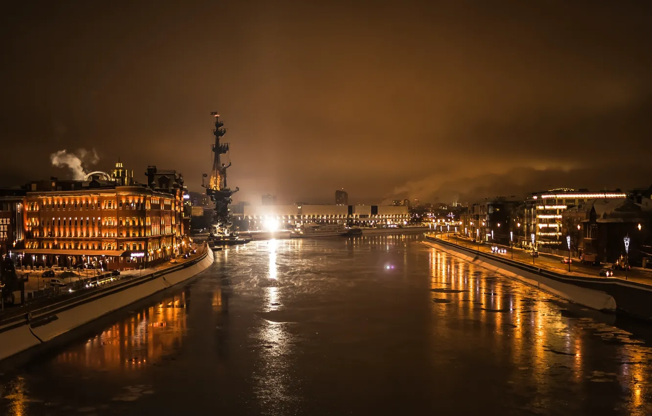 Фото обои лед, зима, свет, ночь, река, Москва, Moscow