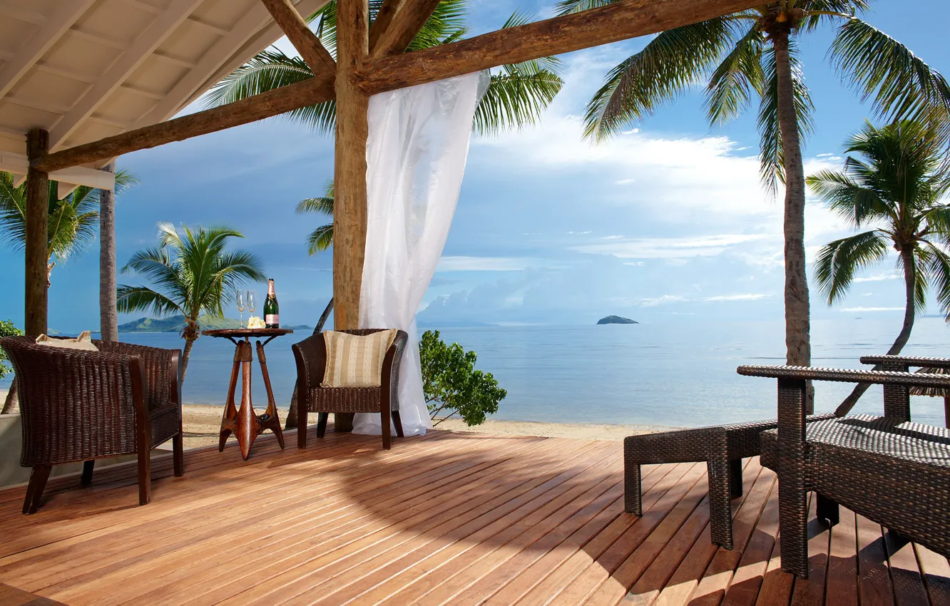 Фото обои море, пальмы, Фиджи, кресла, отель, Tadrai Island Resort