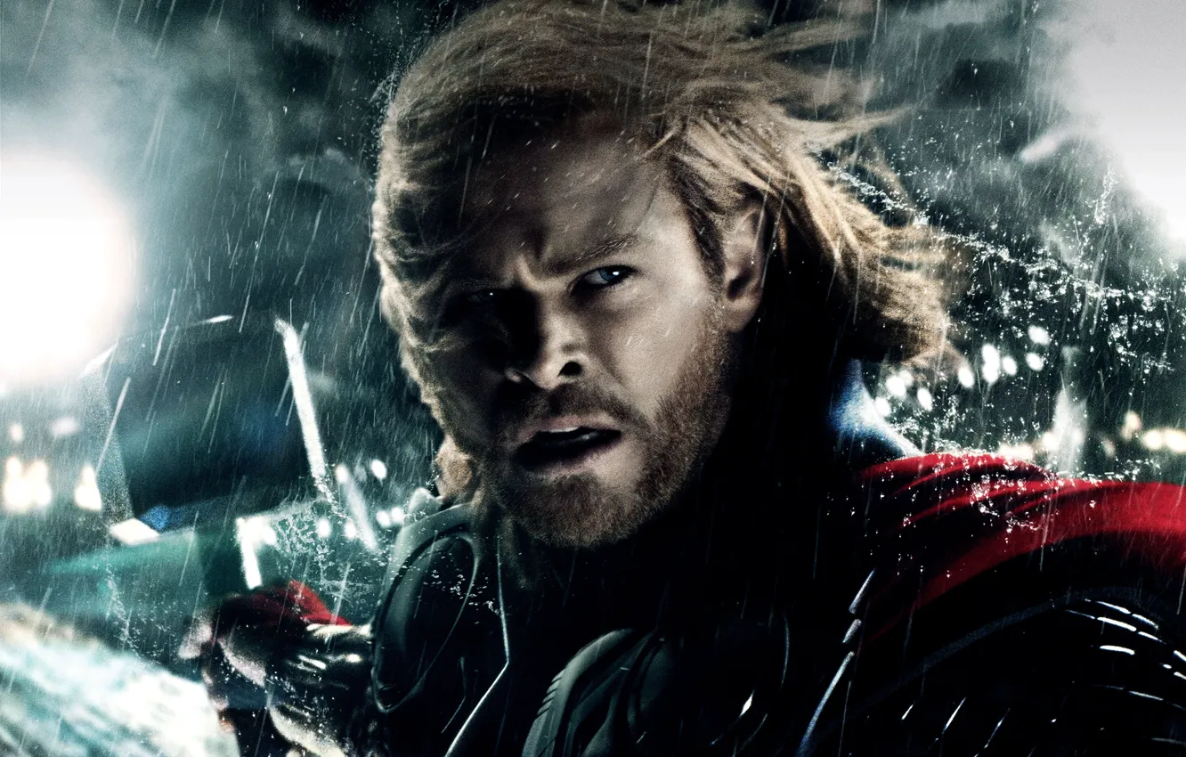 Фото обои свет, фантастика, дождь, ветер, молот, постер, комикс, Thor