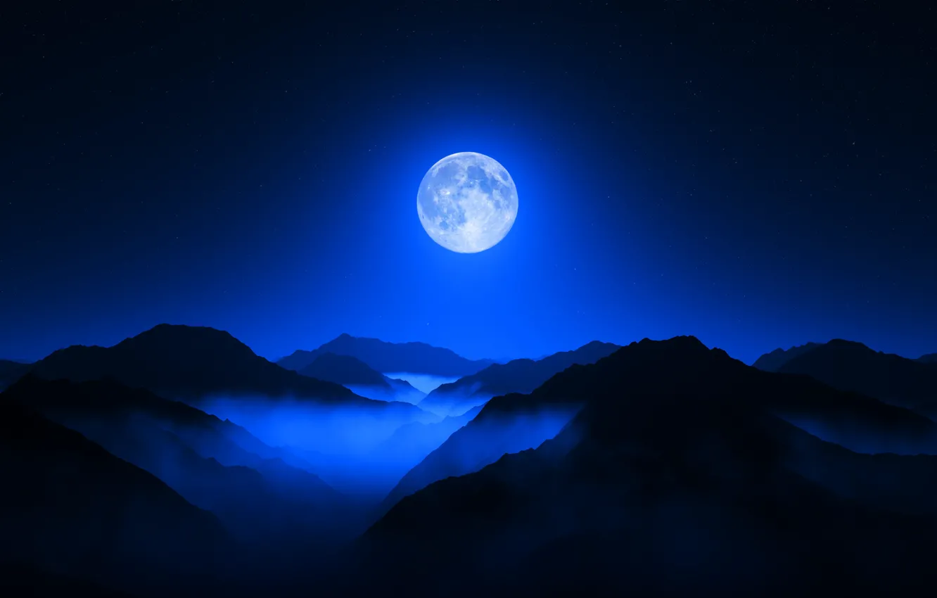 Фото обои moon, twilight, sky, night, mountain, valley, range, fogg