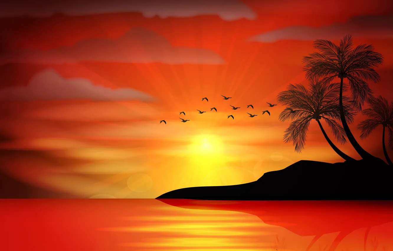 Фото обои море, закат, пальмы, vector, остров, силуэт, sea, sunset