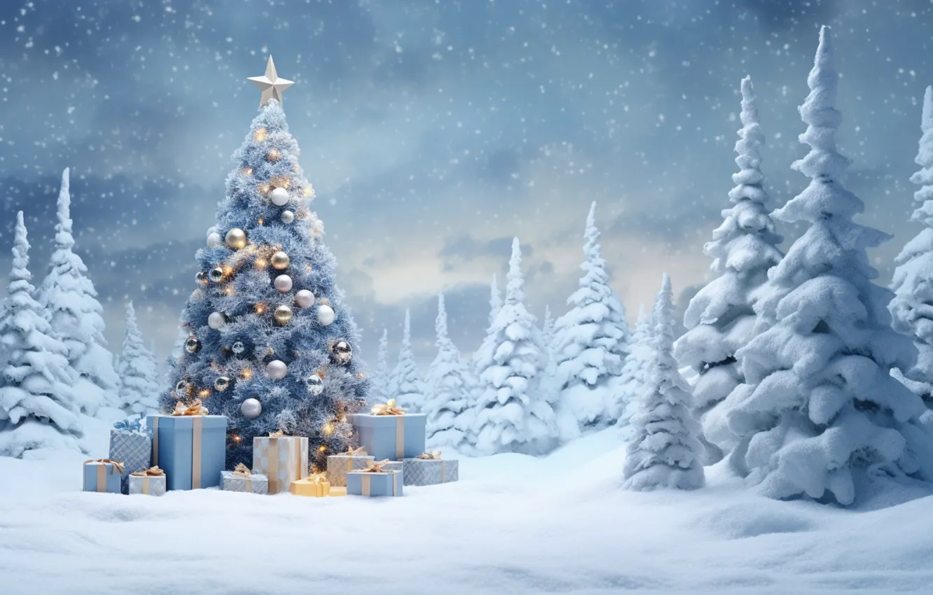 Фото обои зима, снег, украшения, елка, Новый Год, Рождество, фонарь, подарки