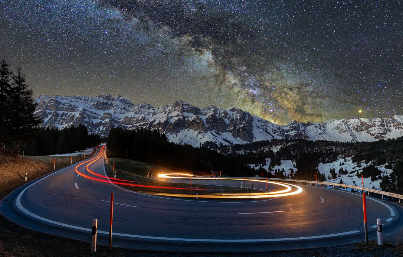 Фото обои lights, road, trees, nature, night, mountains, snow, landscapes