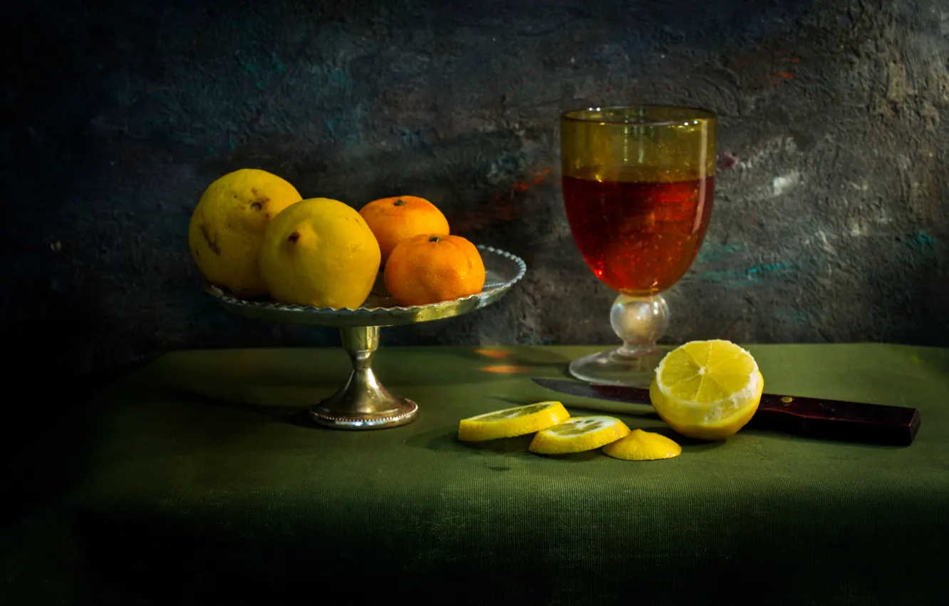 Фото обои нож, натюрморт, лимоны, скатерть, A Flemish fantasy