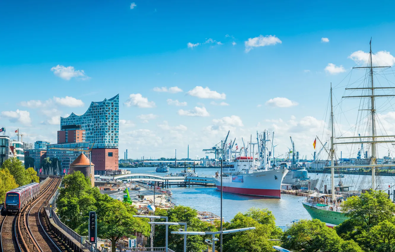 Фото обои Дома, Озеро, Германия, Поезд, Корабли, Гамбург, Germany, Hamburg