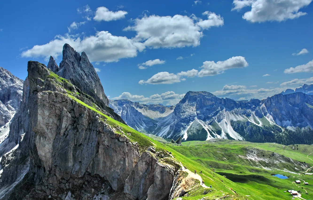 Фото обои солнце, облака, горы, скалы, Альпы, Италия, панорама, Gardena