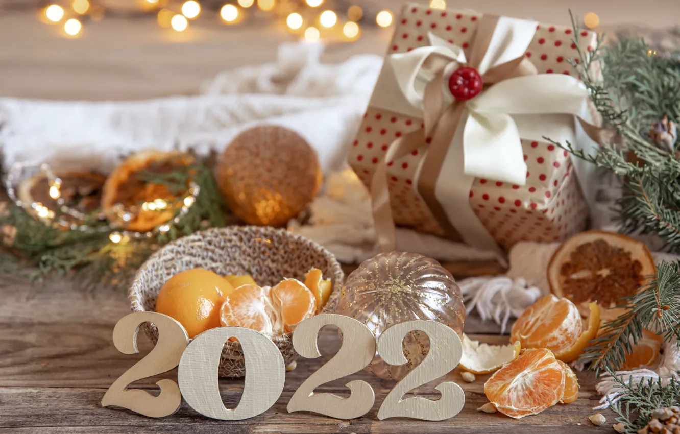 Фото обои подарок, Рождество, цифры, Новый год, мандарины, декорация, 2022