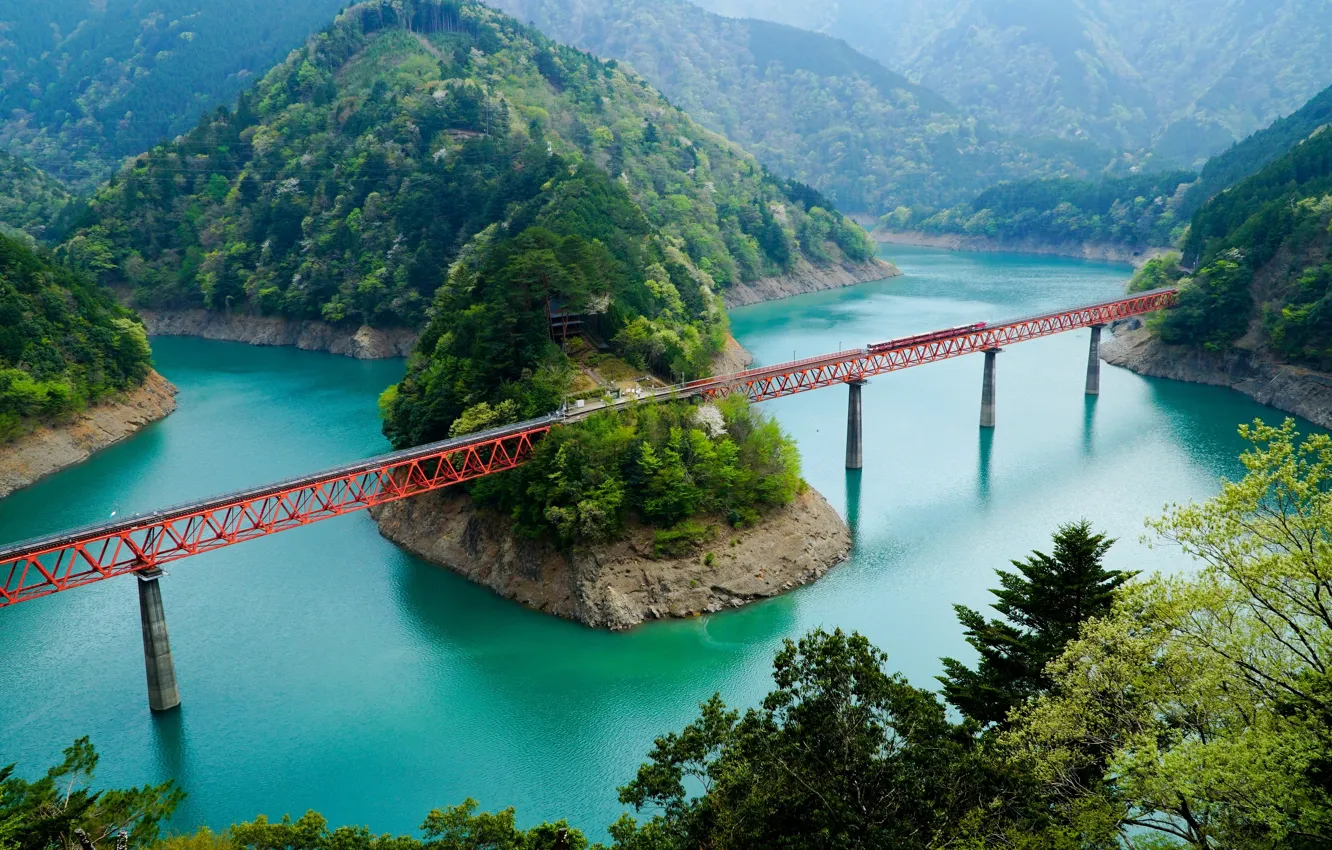 Фото обои горы, мост, река, Япония, Japan, Oi River, Каванехон, Kawanehon