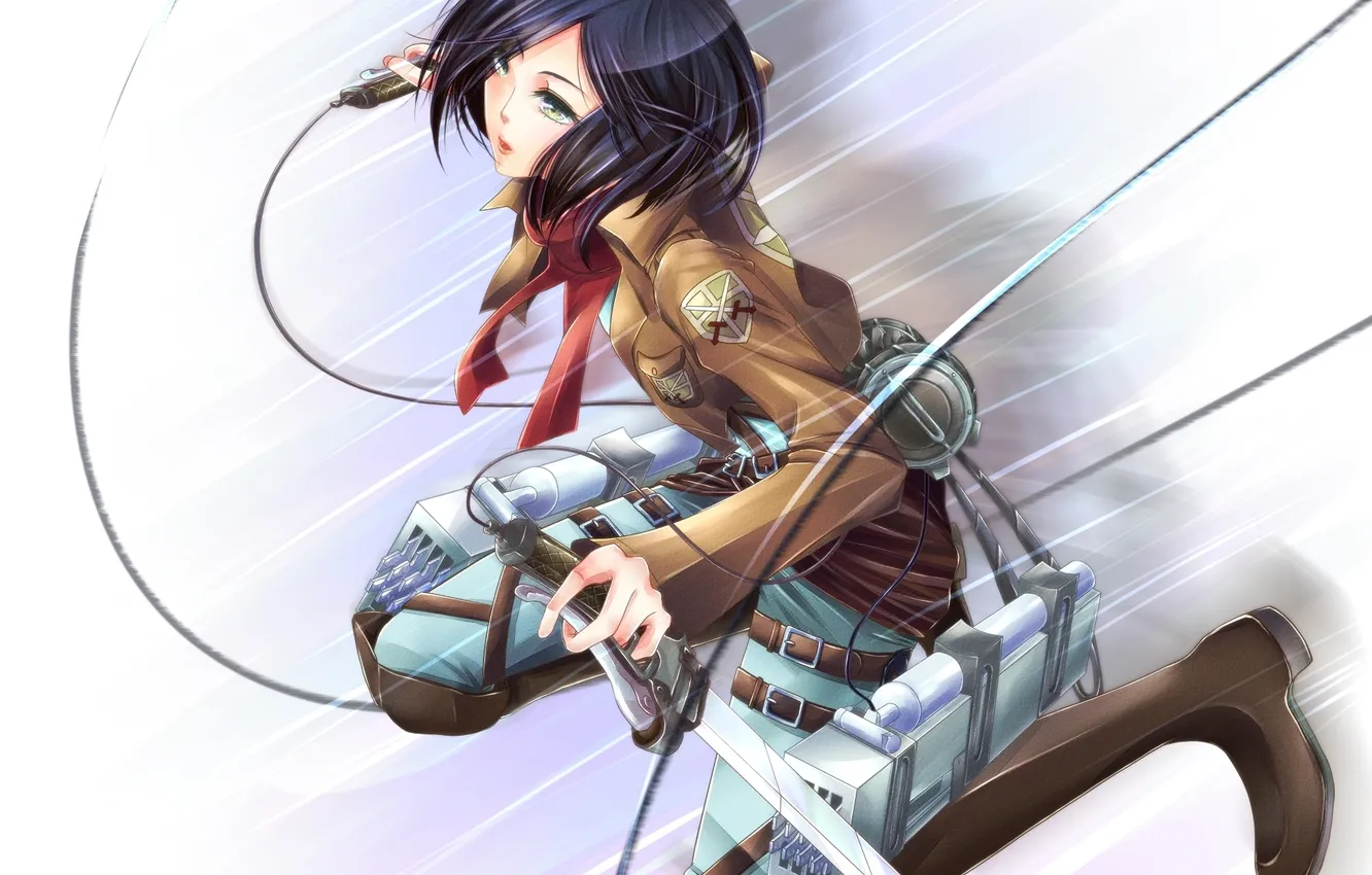 Фото обои девушка, полет, солдат, пояс, клинки, art, shingeki no kyojin, mikasa ackerman