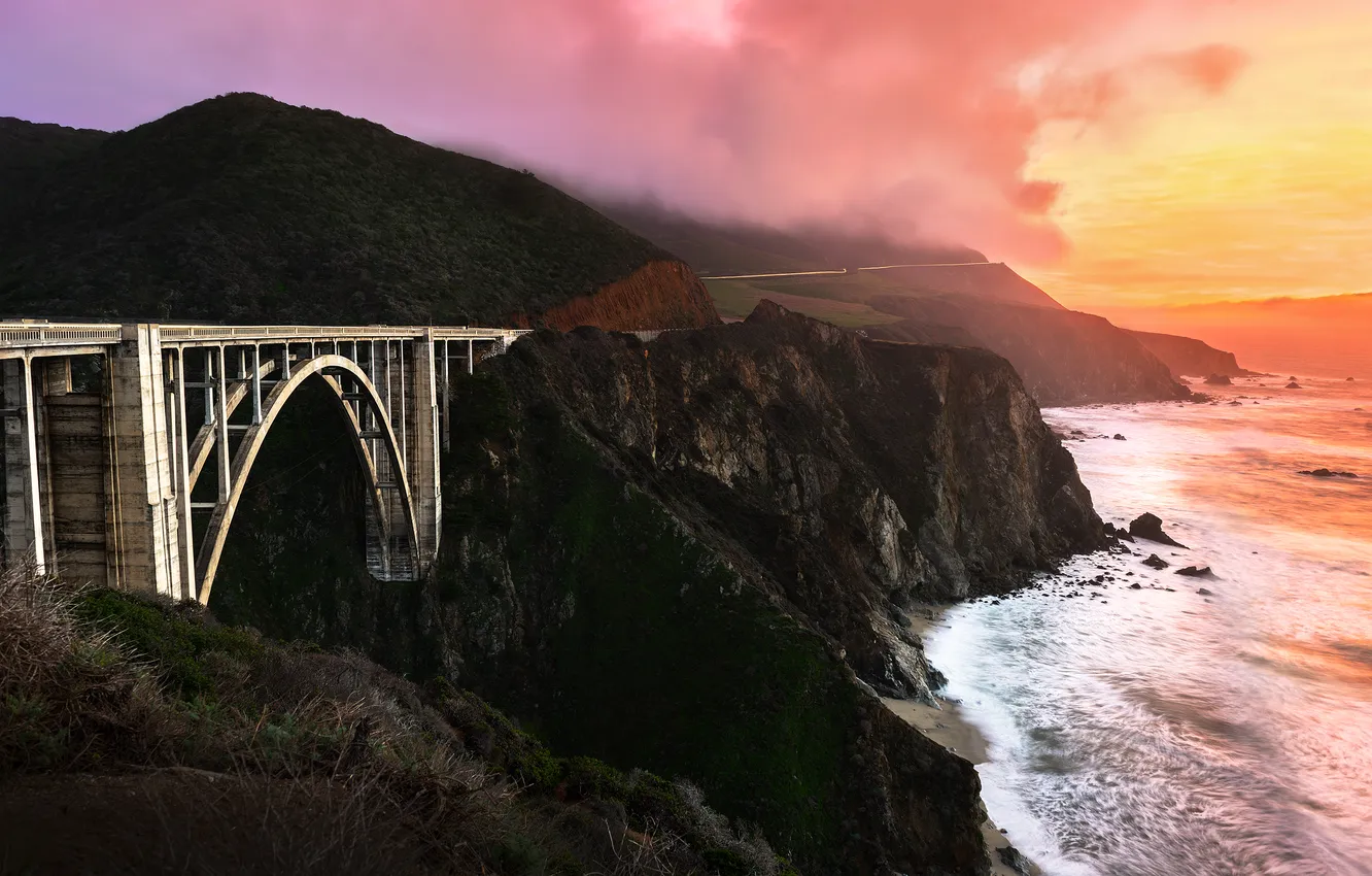 Фото обои закат, мост, побережье, Калифорния