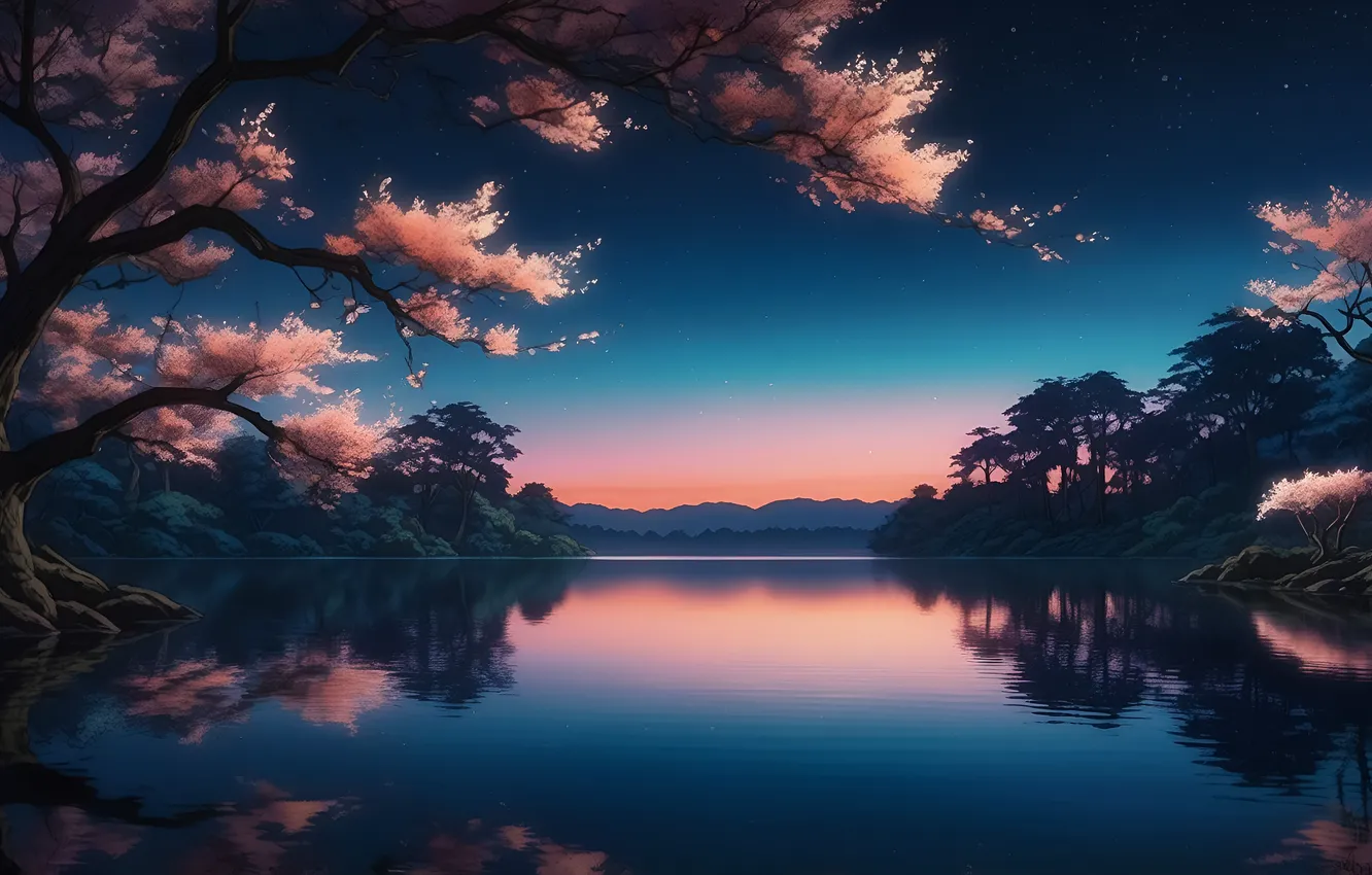 Фото обои sky, trees, landscape, nature, sunset, lake, cherry blossom, reflection