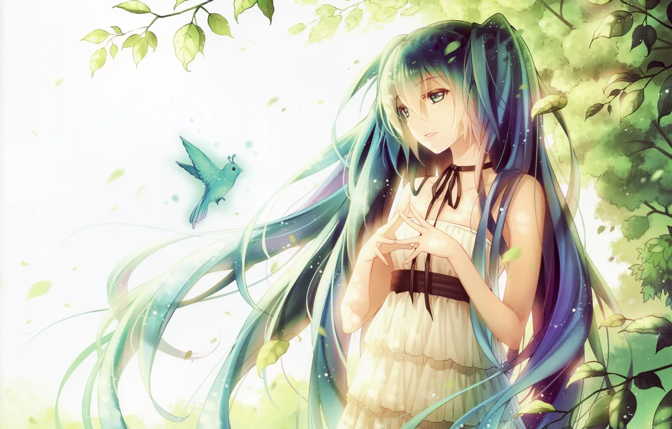 Фото обои листья, девушка, деревья, улыбка, птичка, vocaloid, hatsune miku, жест