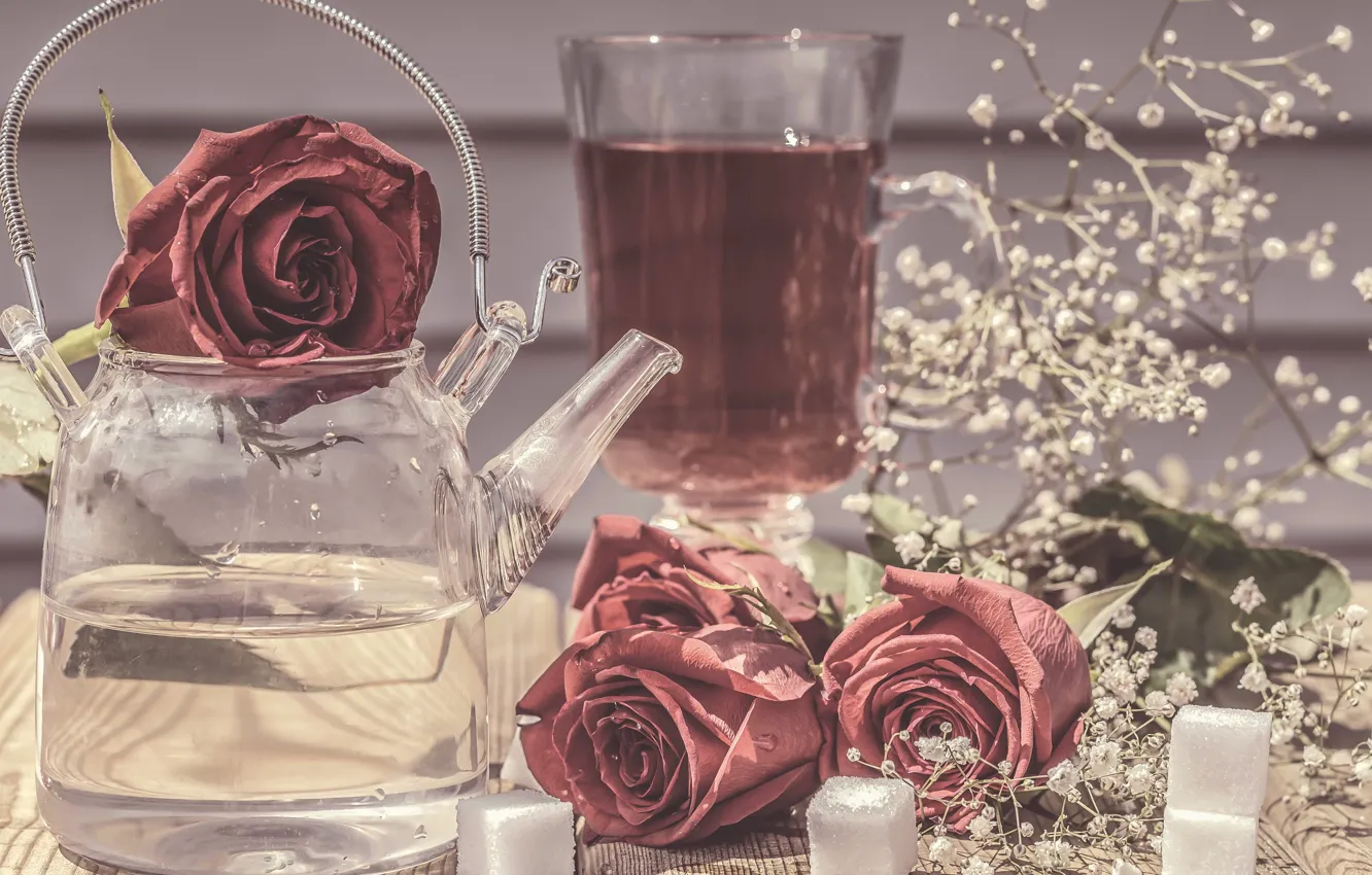 Фото обои цветы, стиль, розы, чайник, сахар, натюрморт, гипсофила