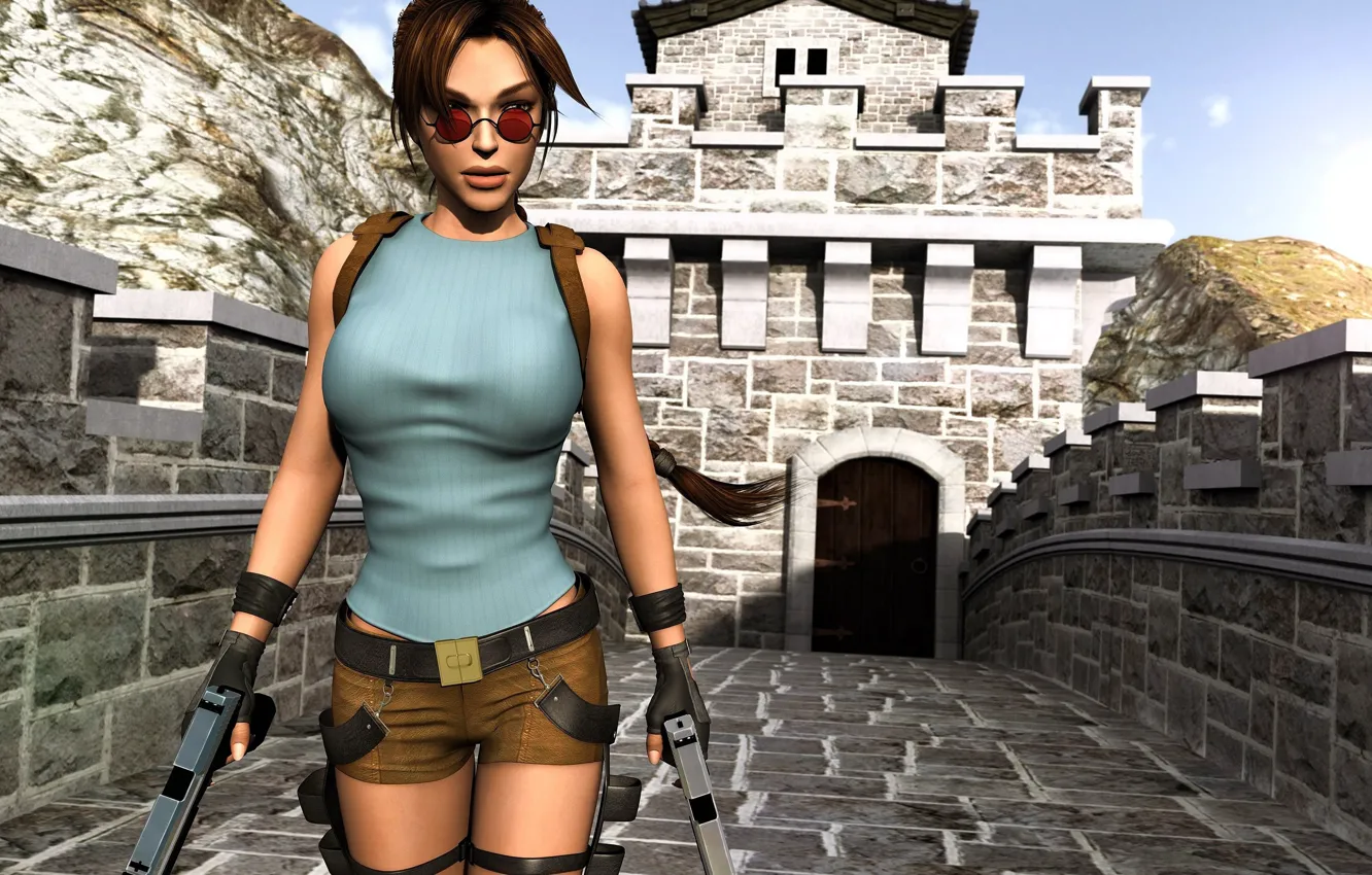 Фото обои девушка, оружие, пистолеты, шорты, очки, Tomb Raider, Лара Крофт, Lara Croft