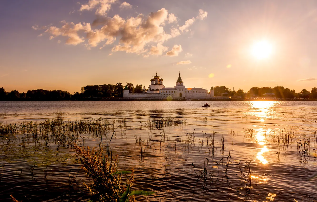 Фото обои солнце, пейзаж, закат, вечер, Кирилло-Белозерский монастырь, Сиверское озеро