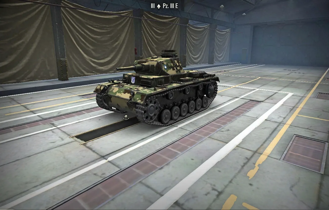 Фото обои Германия, Ангар, Танк, Мир танков, World of Tanks, Pz.Kpfw. III Ausf. E, Легкий танк
