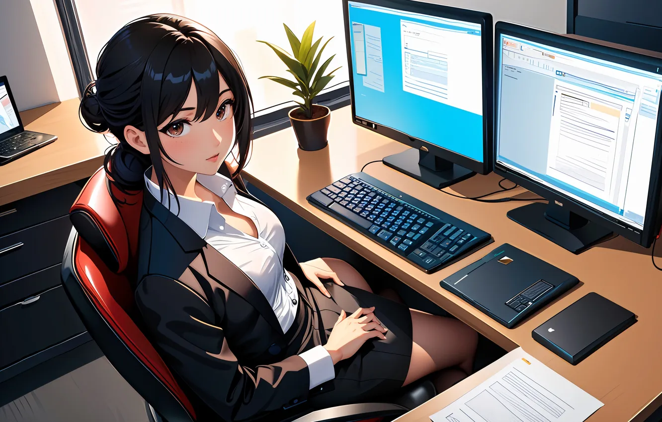 Фото обои anime, office, anime girls, office girl, AI art