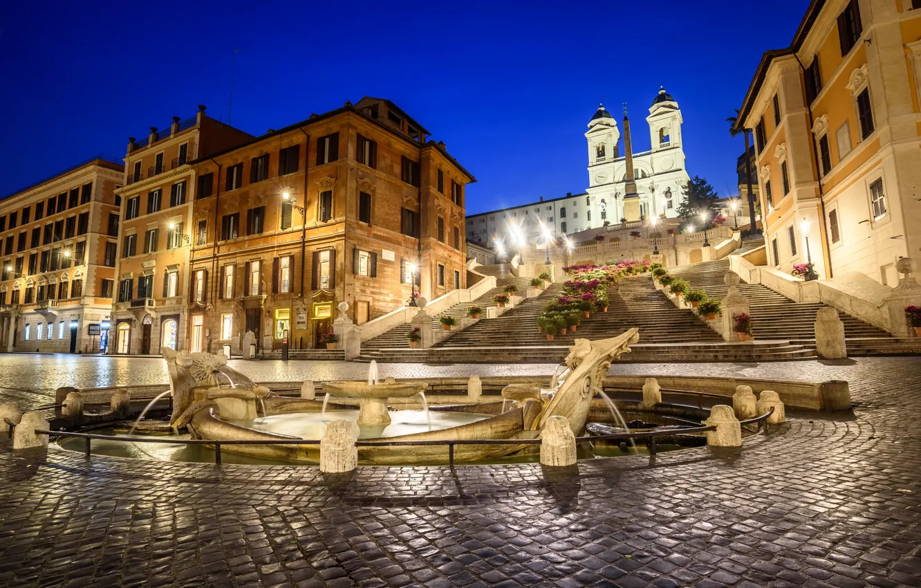 Фото обои огни, Рим, Италия, Испанская лестница, фонтан Баркачча