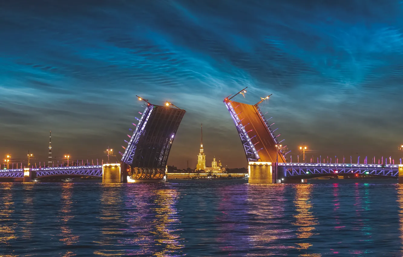 Фото обои город, река, Питер, освещение, Санкт-Петербург, Нева, Дворцовый мост, белая ночь