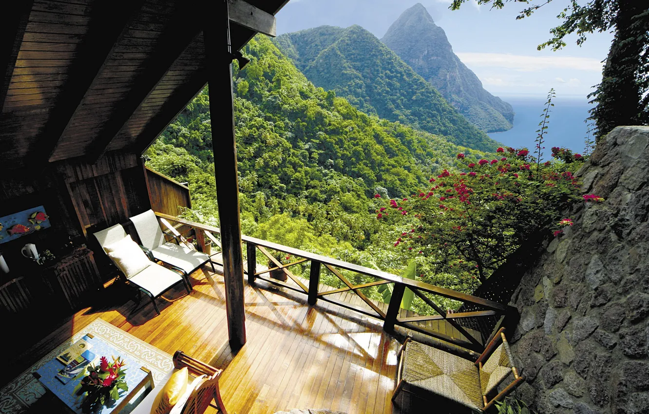 Фото обои view, terrace, St Lucia, Caribbean island, Gros Piton suite, Ladera resort