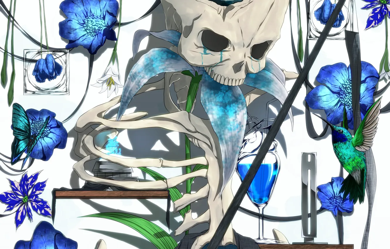 Фото обои цветы, череп, скелет