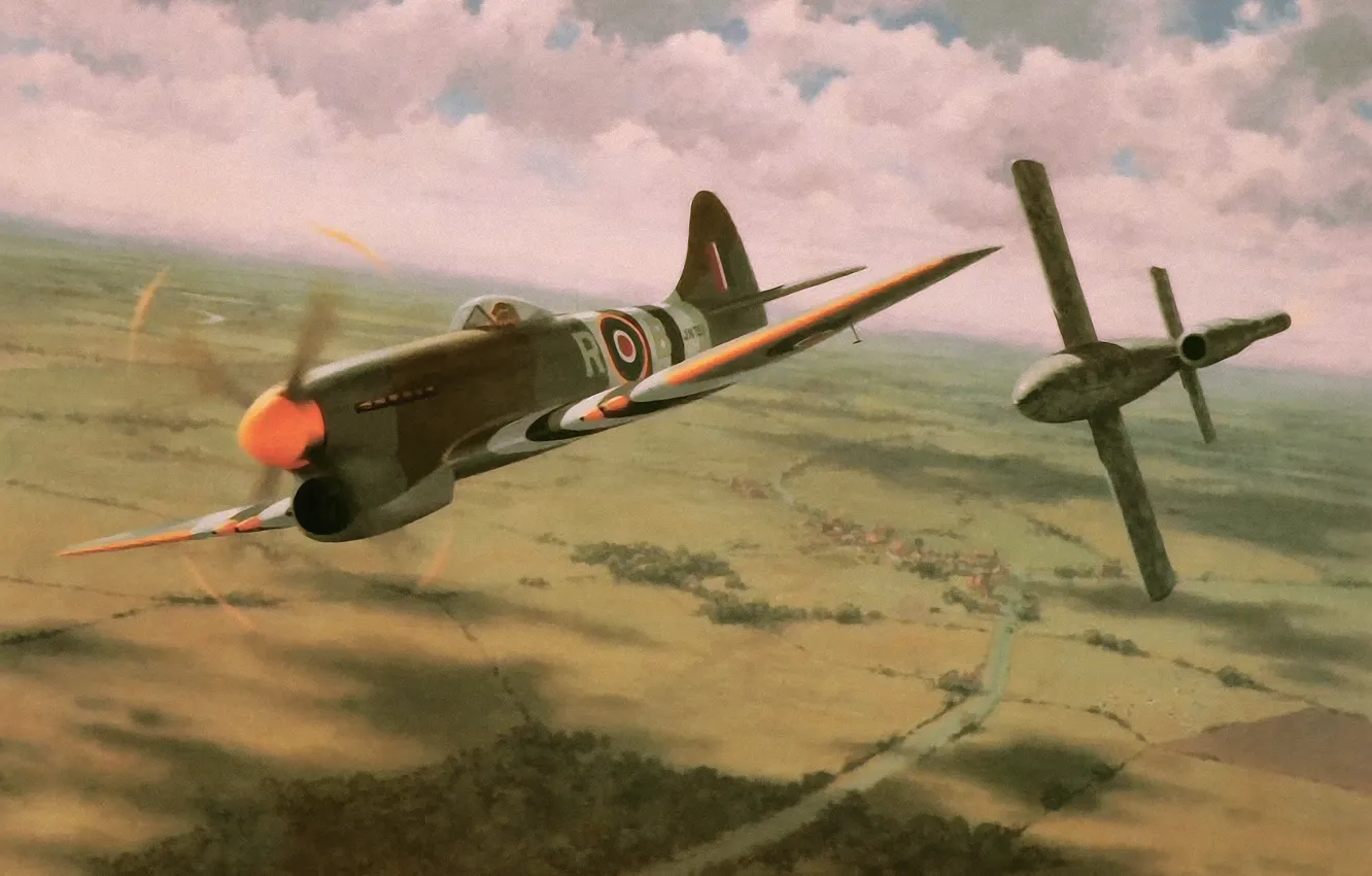 Фото обои war, art, painting, drawing, ww2, british aircraft, hawker tempest, v1 bomb