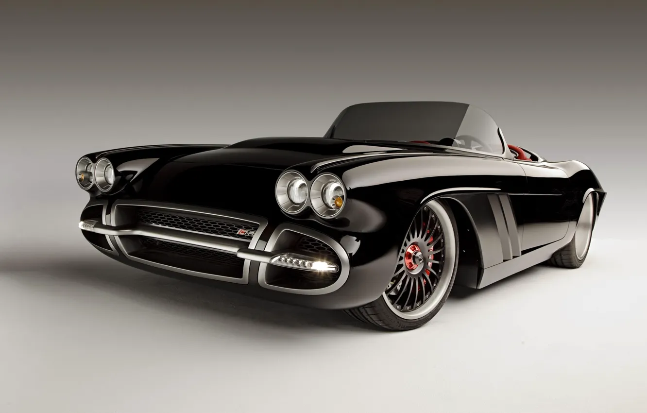 Фото обои чёрный, тюнинг, Corvette, Chevrolet, tuning, передок, ренднринг, by Roadster Shop