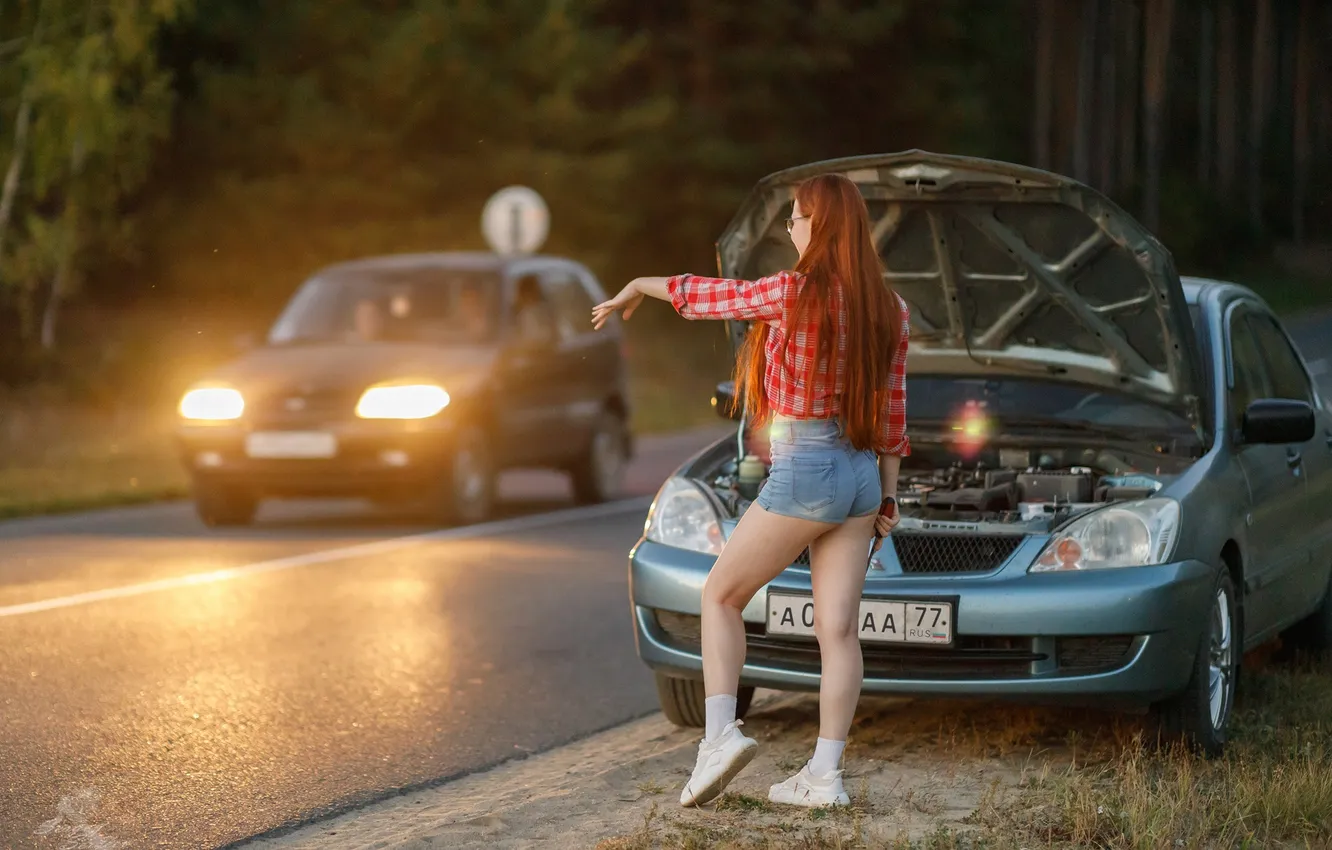 Фото обои девушка, ass, road, long hair, nature, model, women, redhead