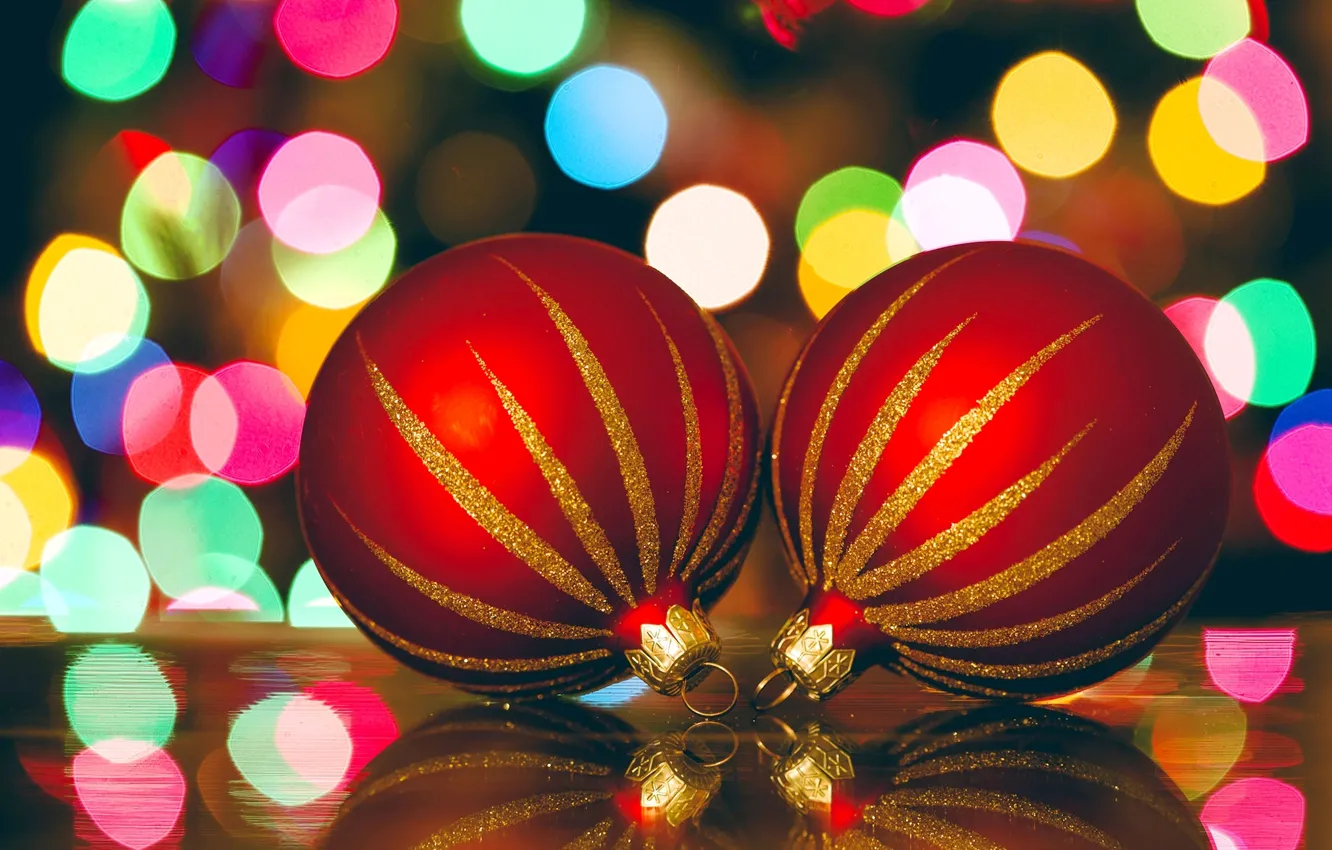 Фото обои зима, шарики, огни, игрушки, Новый Год, Рождество, красные, декорации