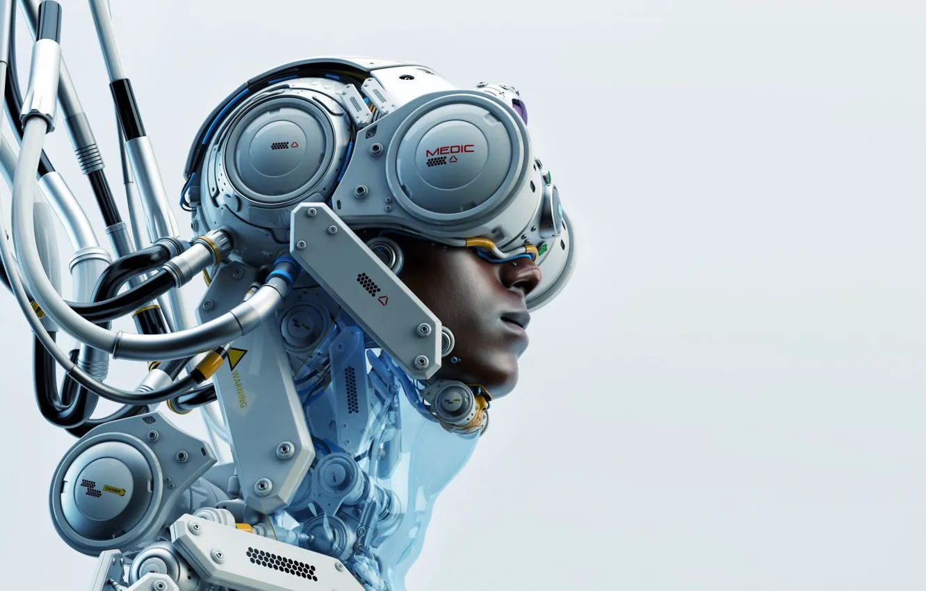 Фото обои провода, робот, технологии, голова, белый фон, шлем, robot, андроид