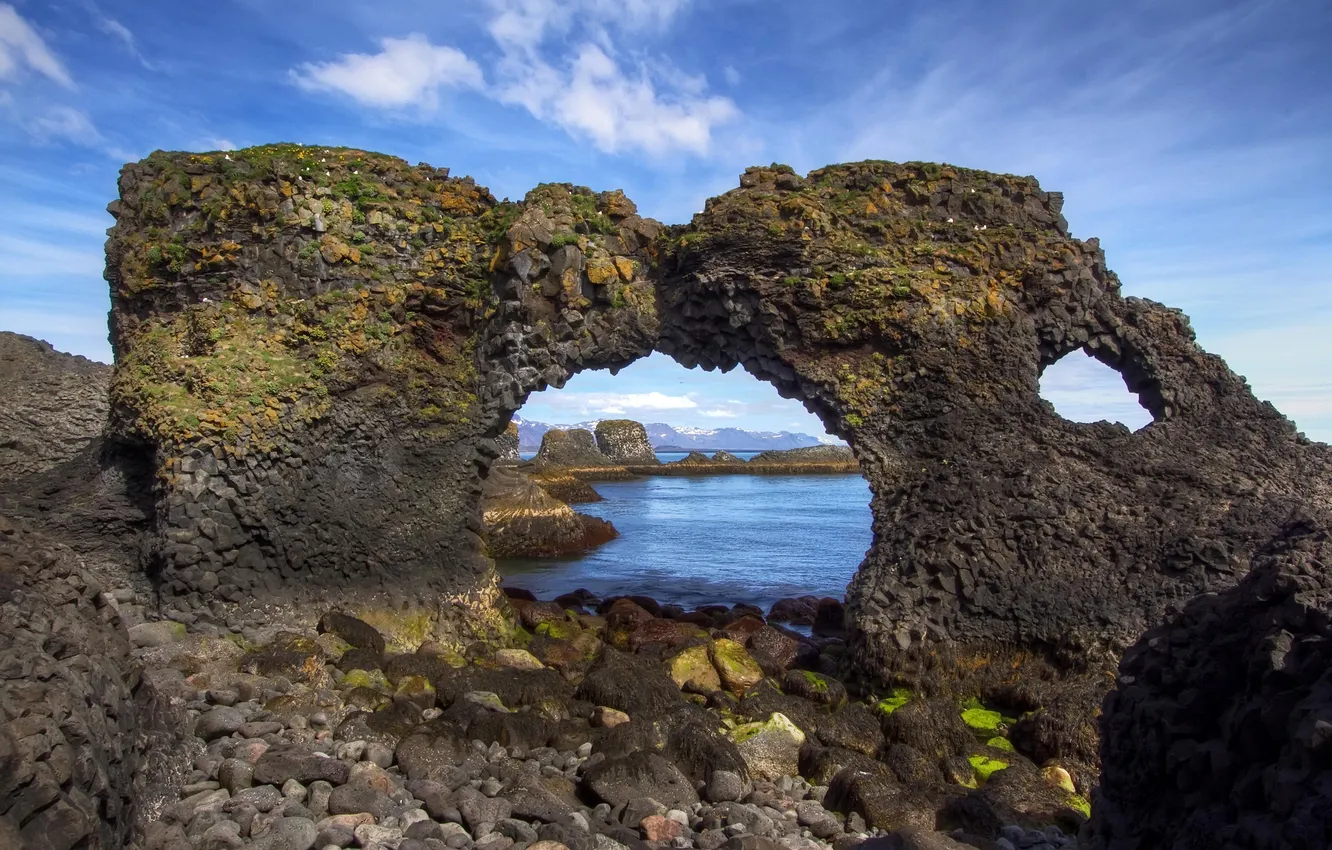 Фото обои море, камни, берег, арка, Исландия