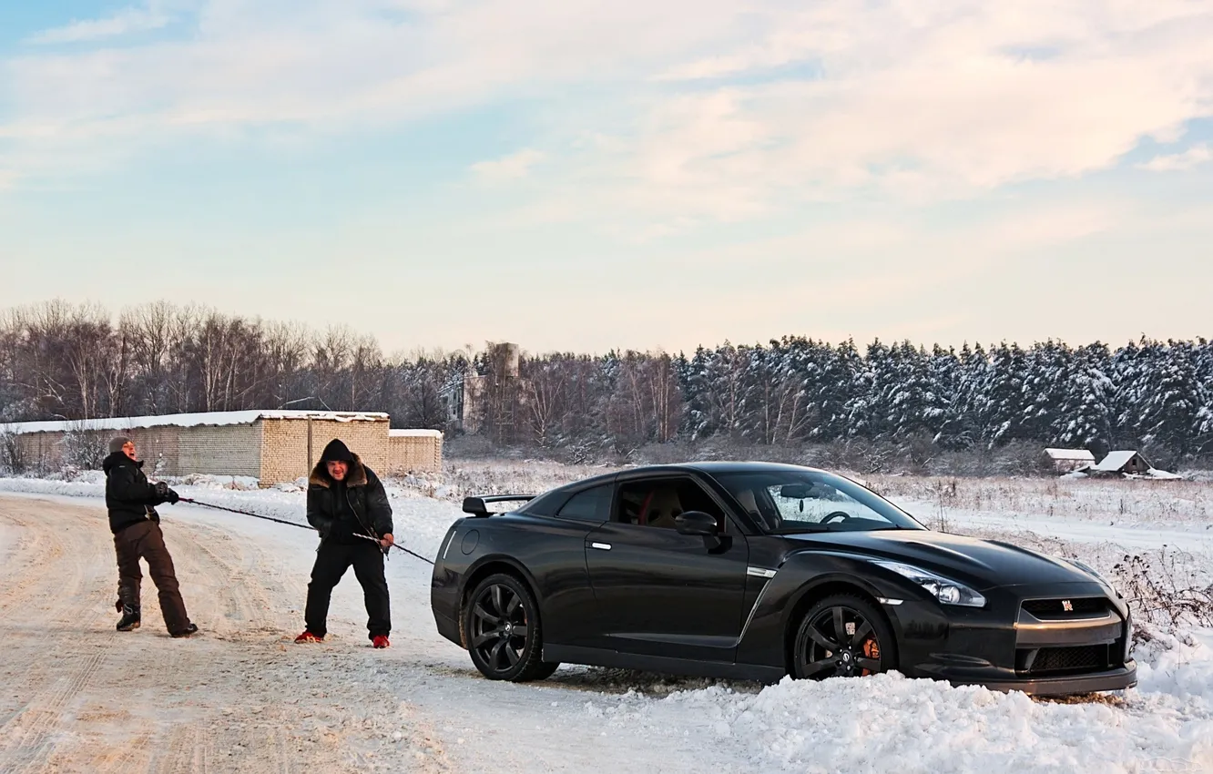 Фото обои зима, пейзаж, Nissan GT-R, черный.