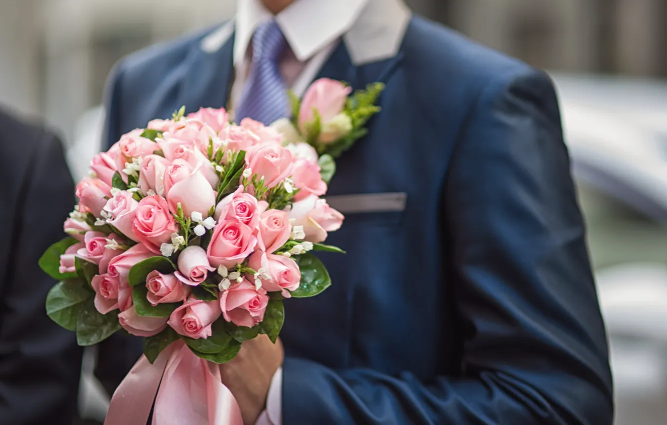 Фото обои цветы, розы, букет, жених, свадебный