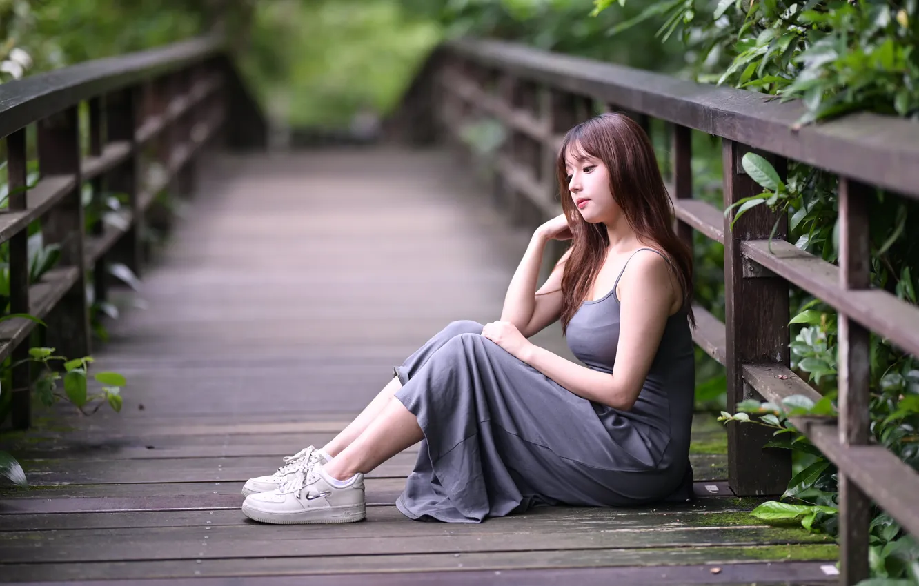 Фото обои девушка, мост, азиатка